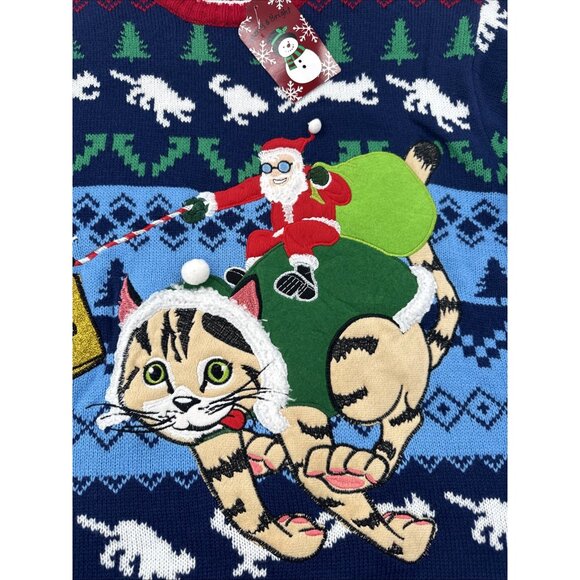 Blizzard Bay Ugly Christmas Sweater Mens XL Santa Riding Cat Catnip Funny NEW - Picture 7 of 12